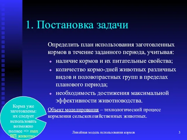 Линейная модель использования кормов 1. Постановка задачи Определить план использования заготовленных кормов