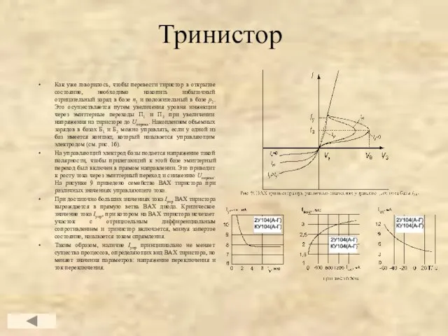 Тринистор Как уже говорилось, чтобы перевести тиристор в открытое состояние, нео6ходимо накопить