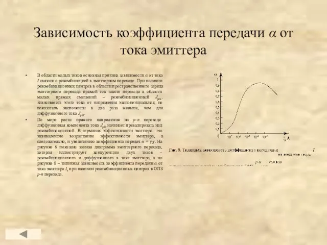 Зависимость коэффициента передачи α от тока эмиттера В области малых токов основная