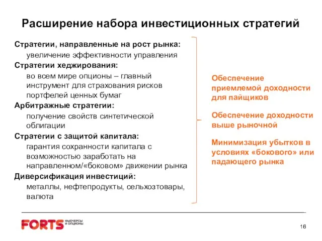 Расширение набора инвестиционных стратегий Стратегии, направленные на рост рынка: увеличение эффективности управления