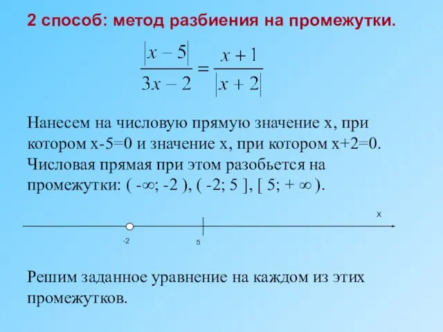 2 способ: метод разбиения на промежутки. Нанесем на числовую прямую значение х,