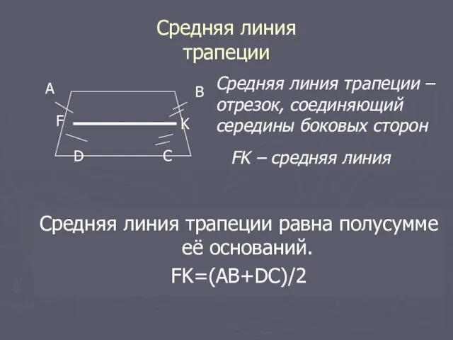 Средняя линия трапеции Средняя линия трапеции равна полусумме её оснований. FK=(AB+DC)/2 A