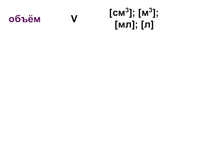 объём V [cм3]; [м3]; [мл]; [л]