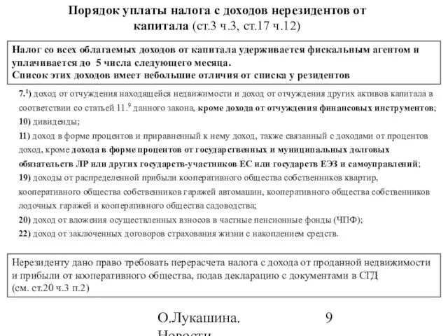 О.Лукашина. Новости налогообложения в 2010 году Порядок уплаты налога с доходов нерезидентов