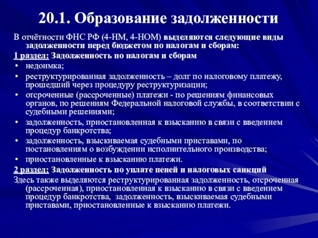 20.1. Образование задолженности В отчётности ФНС РФ (4-НМ, 4-НОМ) выделяются следующие виды