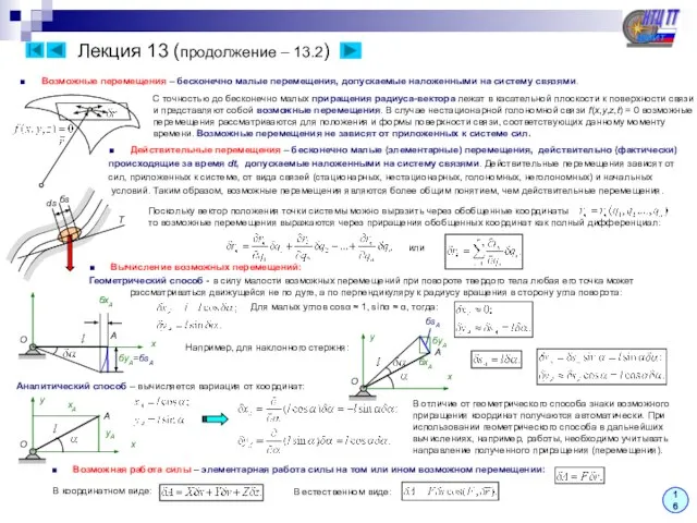 Лекция 13 (продолжение – 13.2) ■ Возможные перемещения – бесконечно малые перемещения,