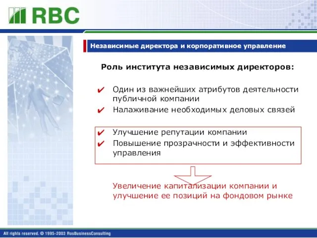 Независимые директора и корпоративное управление Роль института независимых директоров: Один из важнейших