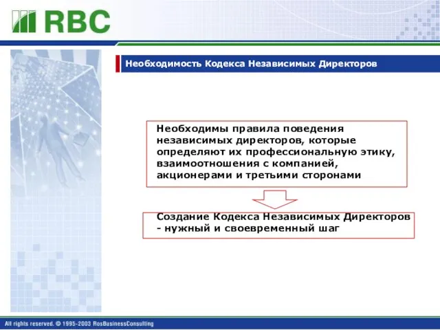 Необходимость Кодекса Независимых Директоров Необходимы правила поведения независимых директоров, которые определяют их