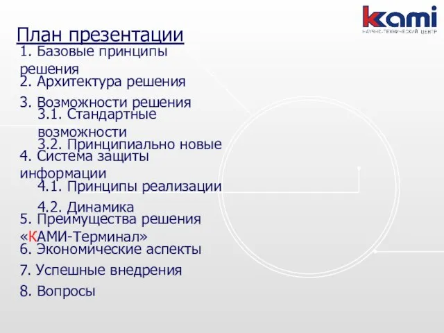 План презентации 2. Архитектура решения 4. Система защиты информации 3. Возможности решения