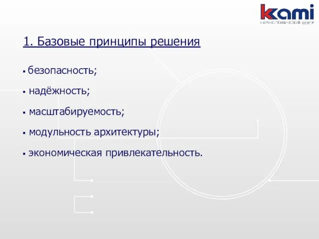 1. Базовые принципы решения безопасность; надёжность; масштабируемость; модульность архитектуры; экономическая привлекательность.