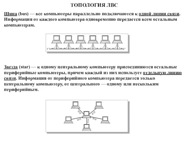 ТОПОЛОГИЯ ЛВС Шина (bus) — все компьютеры параллельно подключаются к одной линии