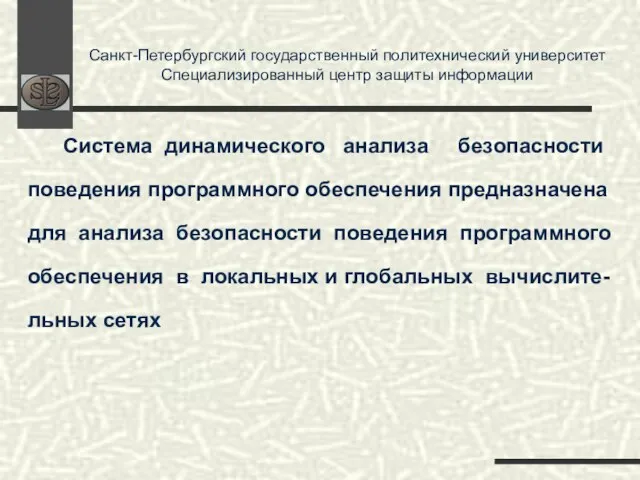 Санкт-Петербургский государственный политехнический университет Специализированный центр защиты информации Система динамического анализа безопасности