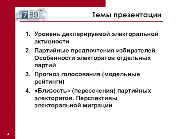 Темы презентации Уровень декларируемой электоральной активности Партийные предпочтения избирателей. Особенности электоратов отдельных