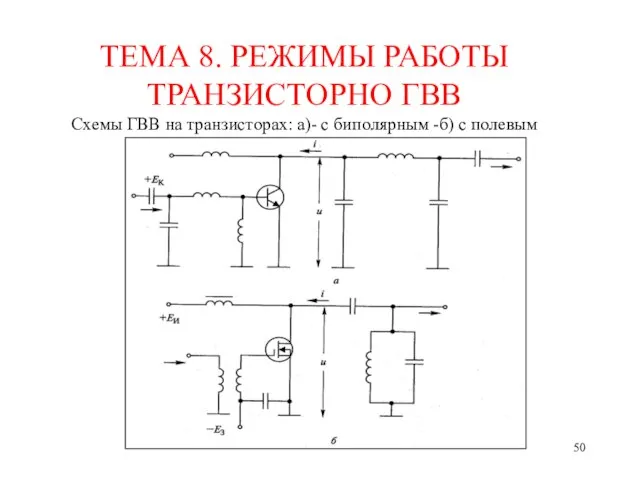 ТЕМА 8. РЕЖИМЫ РАБОТЫ ТРАНЗИСТОРНО ГВВ Схемы ГВВ на транзисторах: а)- с биполярным -б) с полевым