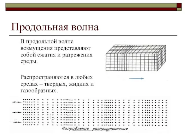 Продольная волна В продольной волне возмущения представляют собой сжатия и разрежения среды.