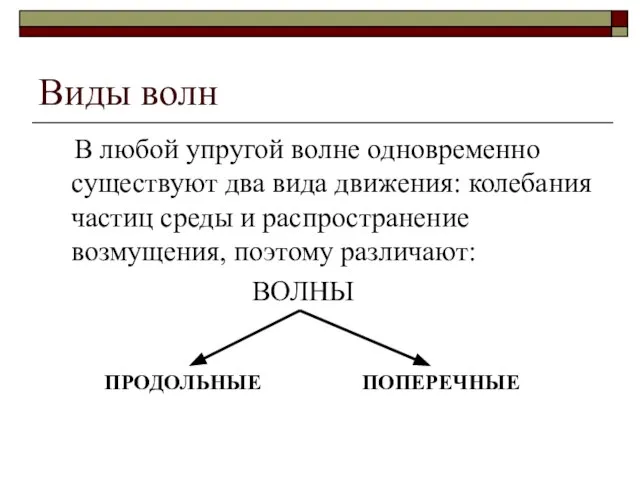 Виды волн В любой упругой волне одновременно существуют два вида движения: колебания