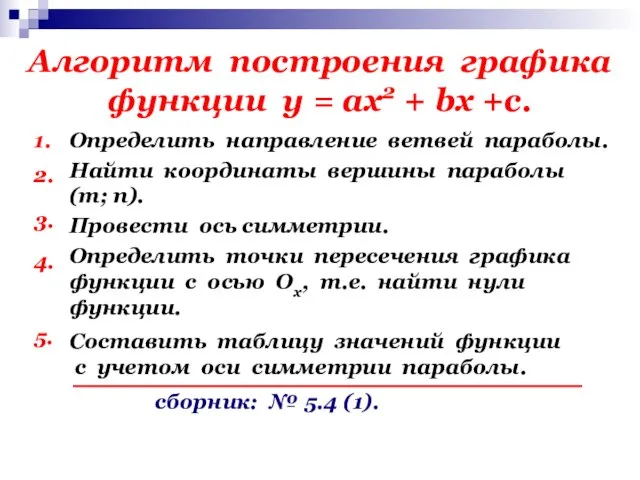 Алгоритм построения графика функции у = ах2 + bх +с. 1. Определить