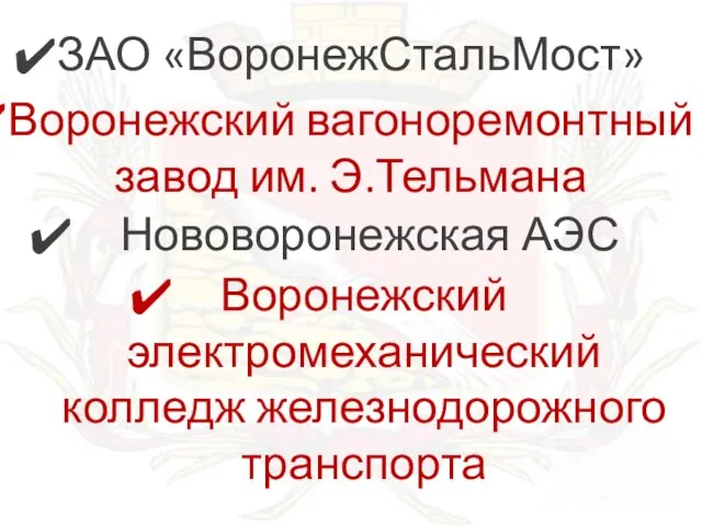 ЗАО «ВоронежСтальМост» Воронежский вагоноремонтный завод им. Э.Тельмана Нововоронежская АЭС Воронежский электромеханический колледж железнодорожного транспорта