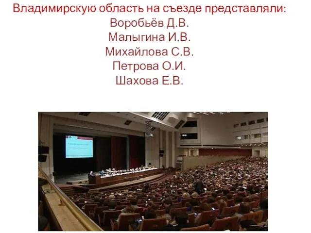 Владимирскую область на съезде представляли: Воробьёв Д.В. Малыгина И.В. Михайлова С.В. Петрова О.И. Шахова Е.В.