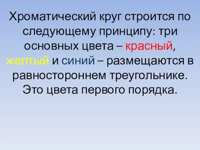 Хроматический круг строится по следующему принципу: три основных цвета – красный, желтый