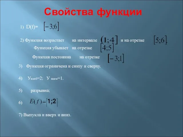 Свойства функции 6) 5) разрывна; 1) D(f)= и на отрезке 2) Функция