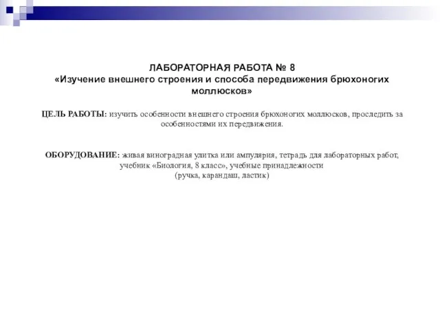 ЛАБОРАТОРНАЯ РАБОТА № 8 «Изучение внешнего строения и способа передвижения брюхоногих моллюсков»