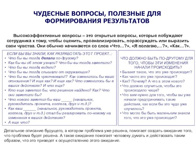 ЧУДЕСНЫЕ ВОПРОСЫ, ПОЛЕЗНЫЕ ДЛЯ ФОРМИРОВАНИЯ РЕЗУЛЬТАТОВ Высокоэффективные вопросы – это открытые вопросы,