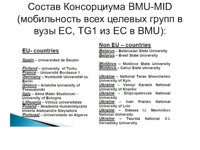 Состав Консорциума BMU-MID (мобильность всех целевых групп в вузы ЕС, TG1 из ЕС в BMU):