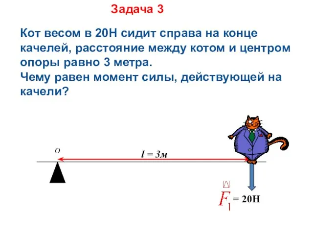 Задача 3 Кот весом в 20Н сидит справа на конце качелей, расстояние