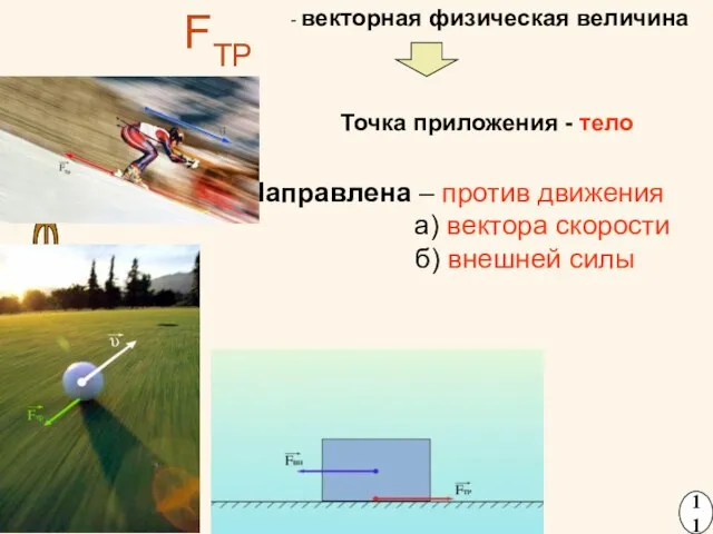 Трение FТР - векторная физическая величина Точка приложения - тело Направлена –