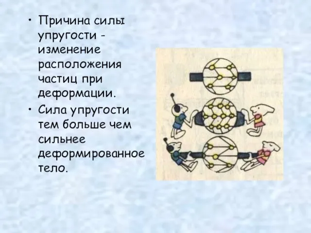 Причина силы упругости - изменение расположения частиц при деформации. Сила упругости тем