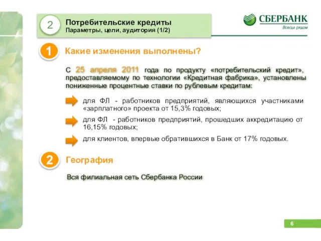 С 25 апреля 2011 года по продукту «потребительский кредит», предоставляемому по технологии