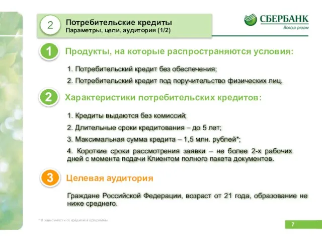 Продукты, на которые распространяются условия: 1 Характеристики потребительских кредитов: 2 * В