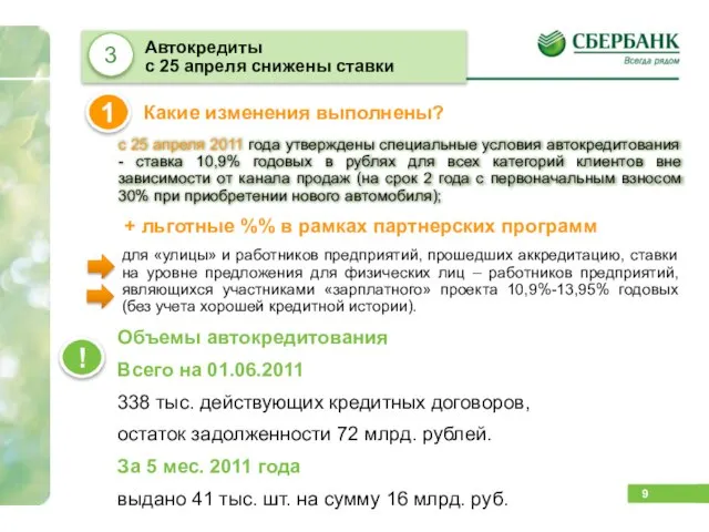 с 25 апреля 2011 года утверждены специальные условия автокредитования - ставка 10,9%