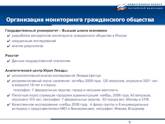 Организация мониторинга гражданского общества Государственный университет – Высшая школа экономики разработка методологии