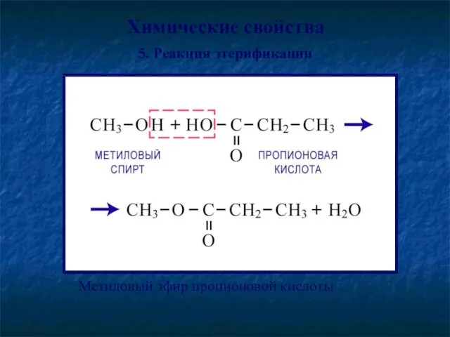 Химические свойства 5. Реакция этерификации Метиловый эфир пропионовой кислоты