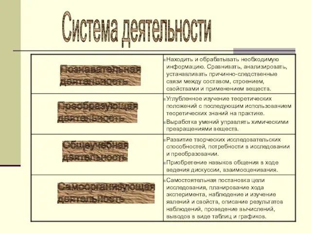 Система деятельности Познавательная деятельность Преобразующая деятельность Общеучебная деятельность Самоорганизующая деятельность