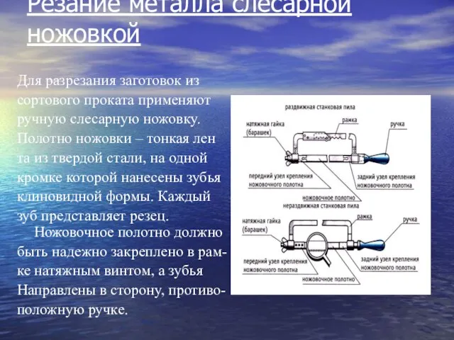 Резание металла слесарной ножовкой Для разрезания заготовок из сортового проката применяют ручную