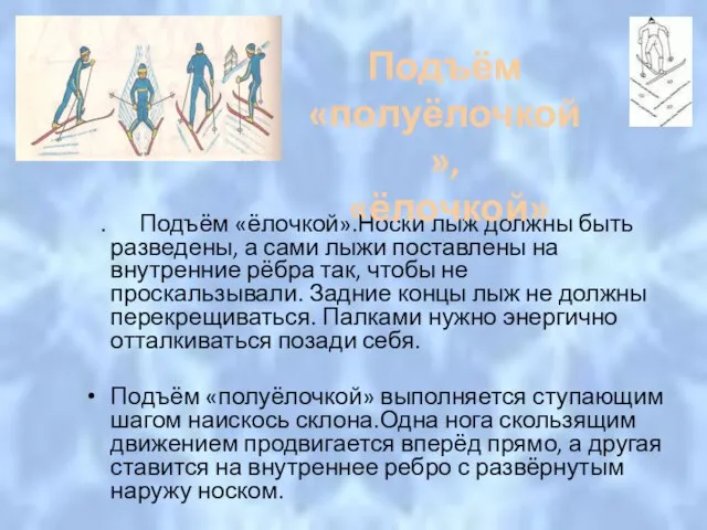 . Подъём «ёлочкой».Носки лыж должны быть разведены, а сами лыжи поставлены на