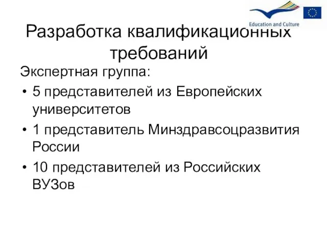 Разработка квалификационных требований Экспертная группа: 5 представителей из Европейских университетов 1 представитель