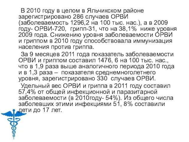 В 2010 году в целом в Яльчикском районе зарегистрировано 286 случаев ОРВИ