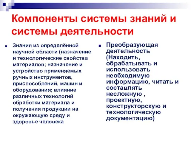 Компоненты системы знаний и системы деятельности Знания из определённой научной области (назначение