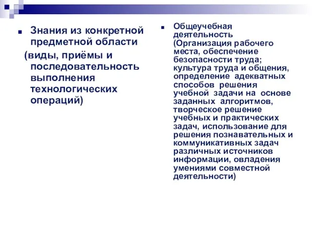 Знания из конкретной предметной области (виды, приёмы и последовательность выполнения технологических операций)