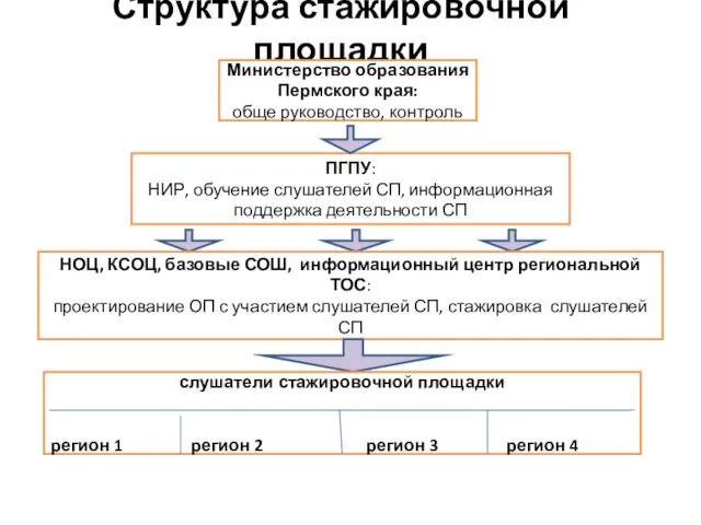 Структура стажировочной площадки Министерство образования Пермского края: обще руководство, контроль ПГПУ: НИР,