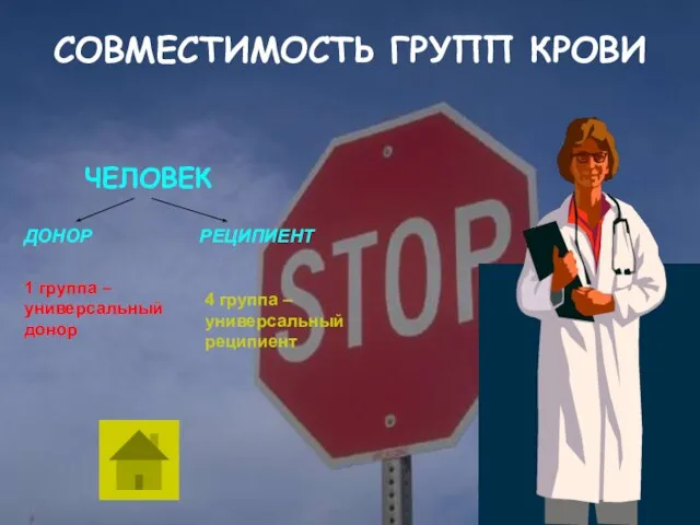 СОВМЕСТИМОСТЬ ГРУПП КРОВИ ЧЕЛОВЕК ДОНОР РЕЦИПИЕНТ 1 группа – универсальный донор 4 группа – универсальный реципиент