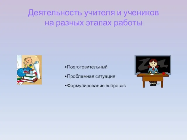 Деятельность учителя и учеников на разных этапах работы Подготовительный Проблемная ситуация Формулирование вопросов