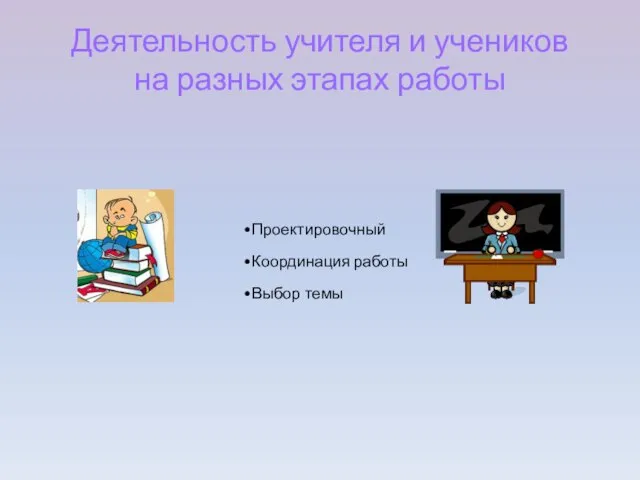 Деятельность учителя и учеников на разных этапах работы Проектировочный Координация работы Выбор темы