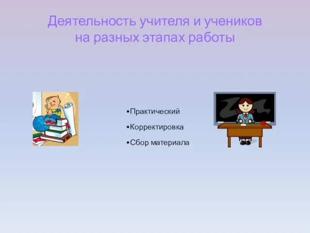 Деятельность учителя и учеников на разных этапах работы Практический Корректировка Сбор материала