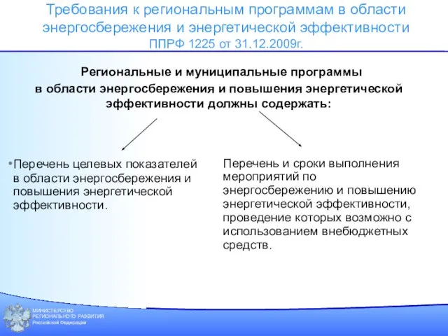 МИНИСТЕРСТВО РЕГИОНАЛЬНОГО РАЗВИТИЯ Российской Федерации Требования к региональным программам в области энергосбережения