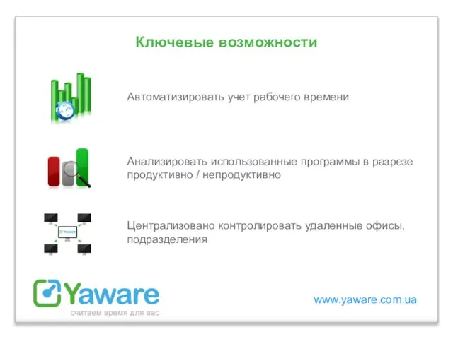 www.yaware.com.ua Ключевые возможности Автоматизировать учет рабочего времени Анализировать использованные программы в разрезе